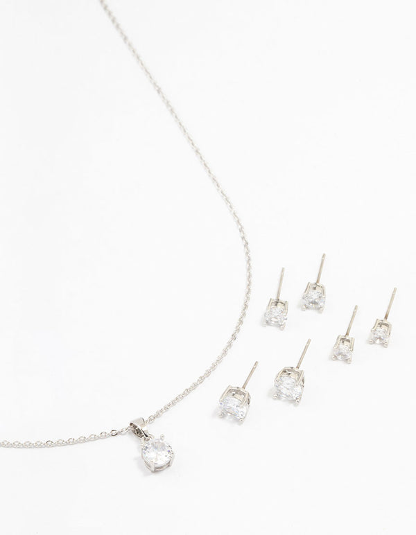 Silver Cubic Zirconia 6-Pack Stud Earrings & Necklace Set