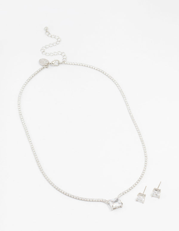 Square Silver Cubic Zirconia Necklace & Stud Earrings Pack