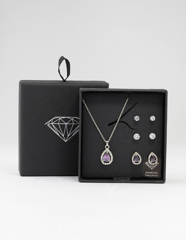 Rhodium Multiple Purple & Silver Pear Earring & Necklace Set