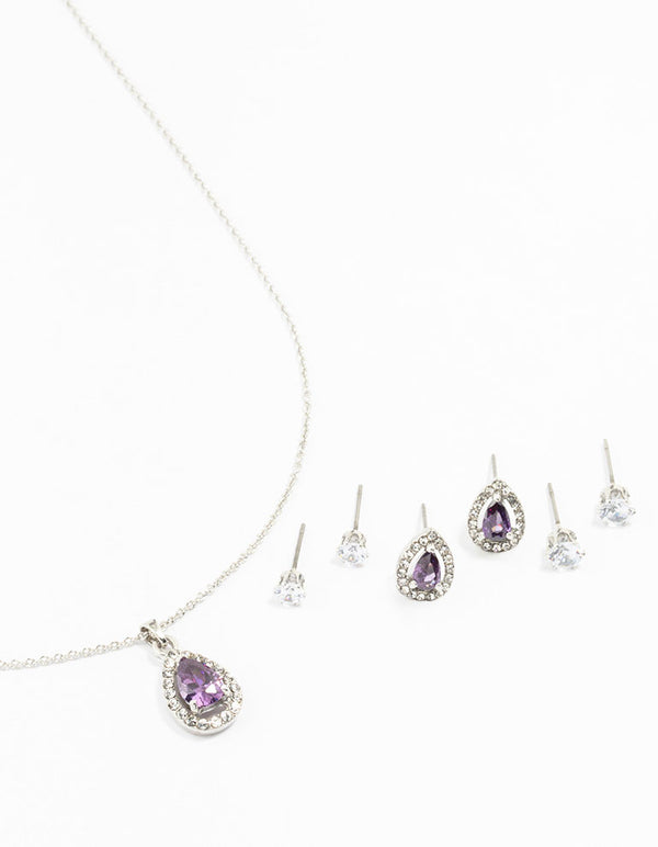 Rhodium Multiple Purple & Silver Pear Earring & Necklace Set
