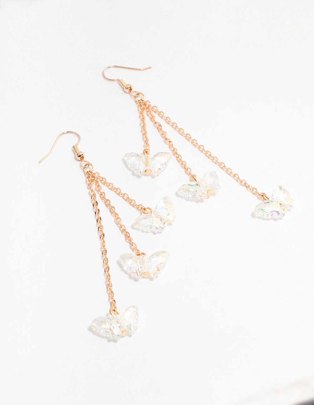 Rose Gold 3 Row Plastic Butterfly Drop Earrings
