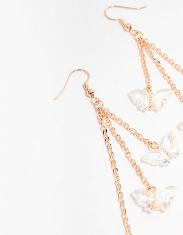 Rose Gold 3 Row Plastic Butterfly Drop Earrings