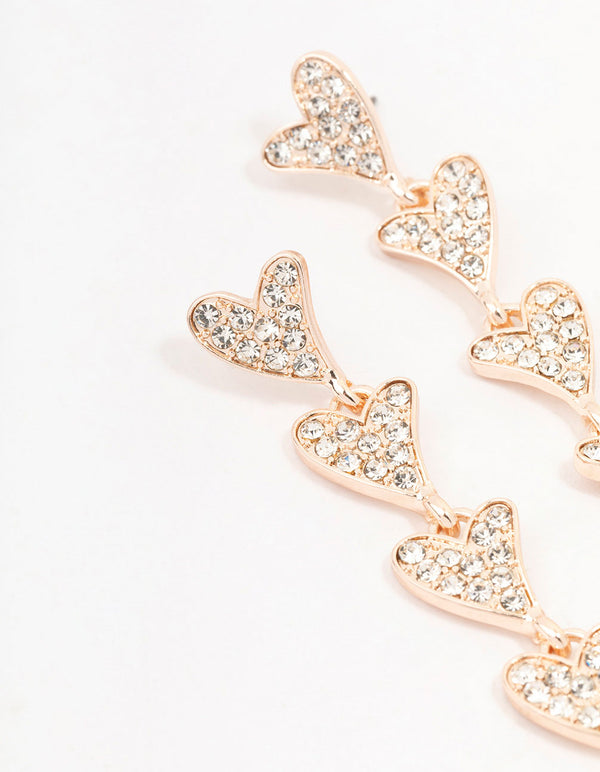Rose Gold Multiple Diamante Hearts Drop Earrings