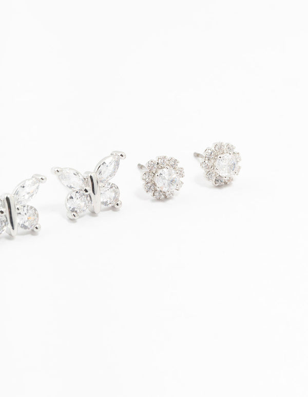 Silver Cubic Zirconia Butterfly Stud Earrings 3-Pack