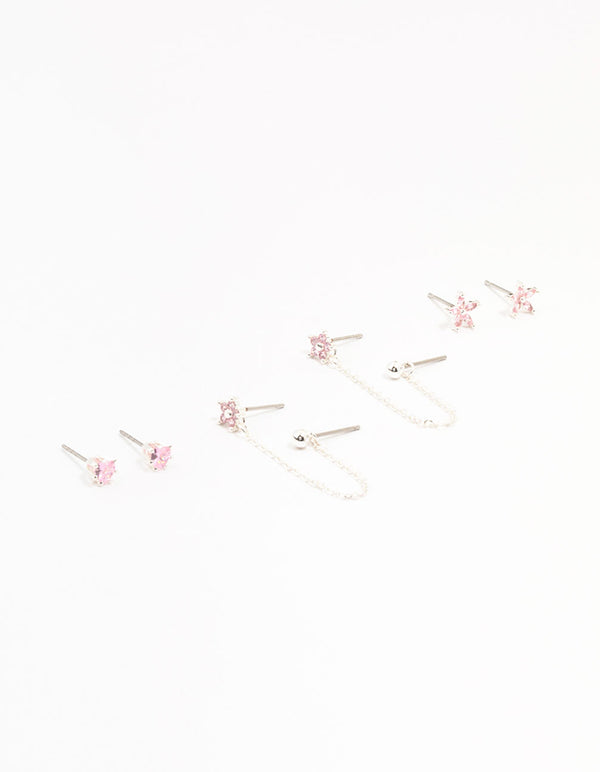 Silver Plated Brass Heart Flower Chain Earrings 3-Pack