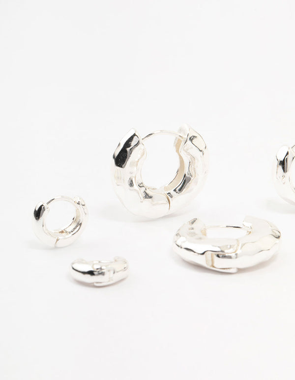 Silver Plated Brass Hammered Graduating Hoop Earrings 3-Pack