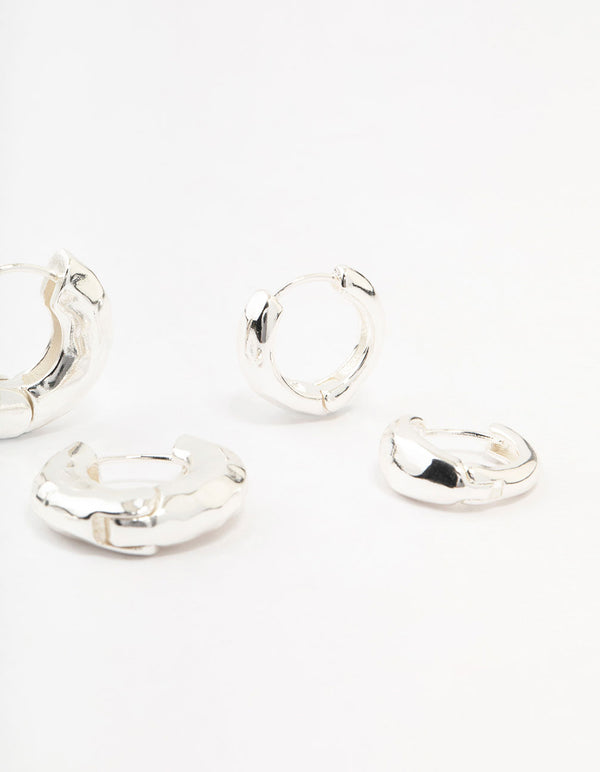 Silver Plated Brass Hammered Graduating Hoop Earrings 3-Pack