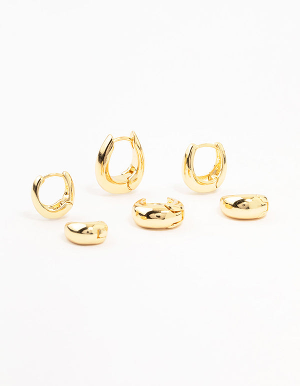 Gold Plated Brass Graduating Taper Hoop Earrings 3-Pack