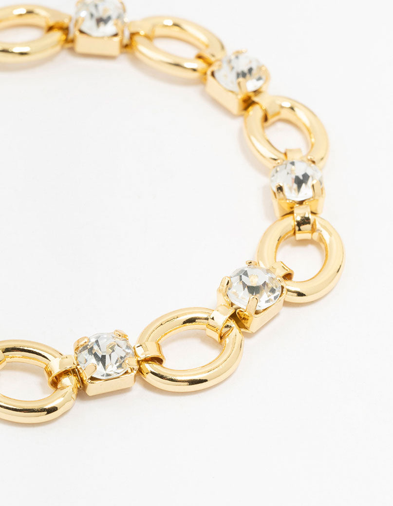 Gold Plated Brass Alternating Oval & Crystal Bracelet
