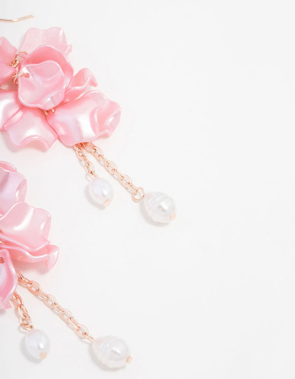 Rose Gold Petal Chain Pearl Drop Earrings