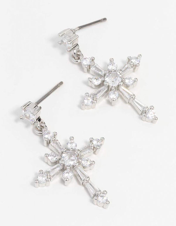 Silver Cubic Zirconia Cross Drop Earrings