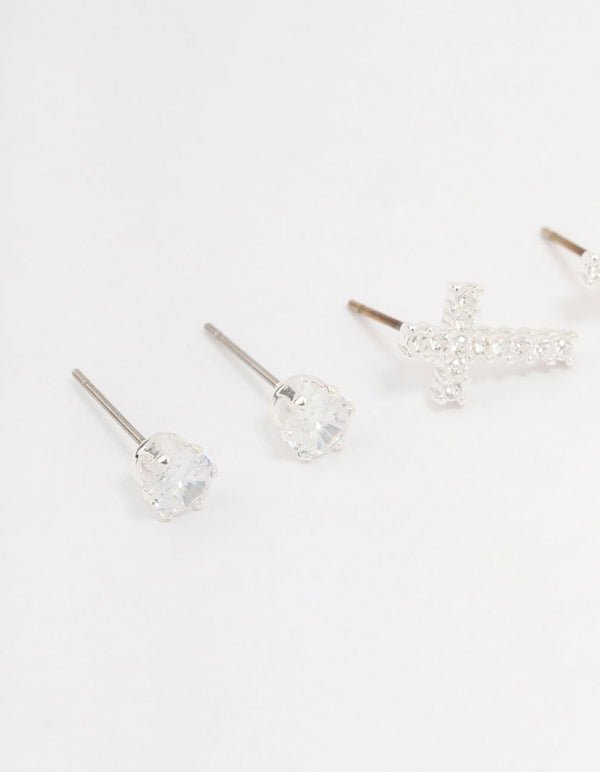 Silver Cubic Zirconia Multi Stud Earrings 3-Pack