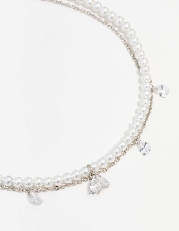 Silver Cubic Zirconia Pearl Double Choker