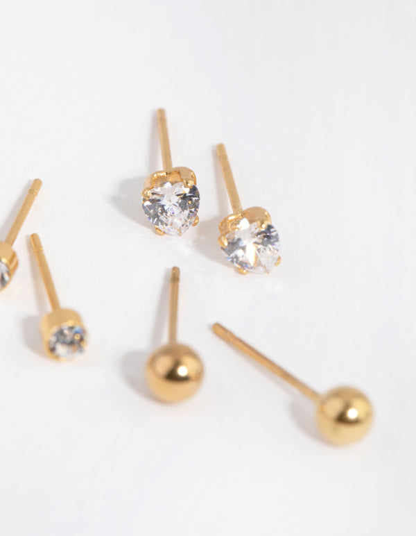 24 Carat Gold Plated Surgical Steel Love Stud Earrings 3-Pack