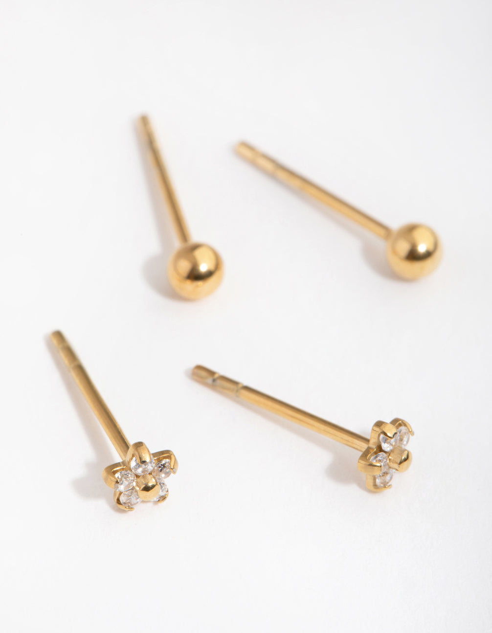24 Carat Gold Plated Surgical Steel Ball & Flower Stud Earrings 2-Pack
