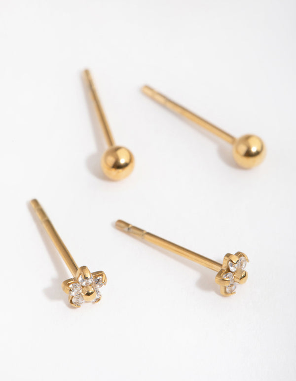 24 Carat Gold Plated Surgical Steel Ball & Flower Stud Earrings 2-Pack