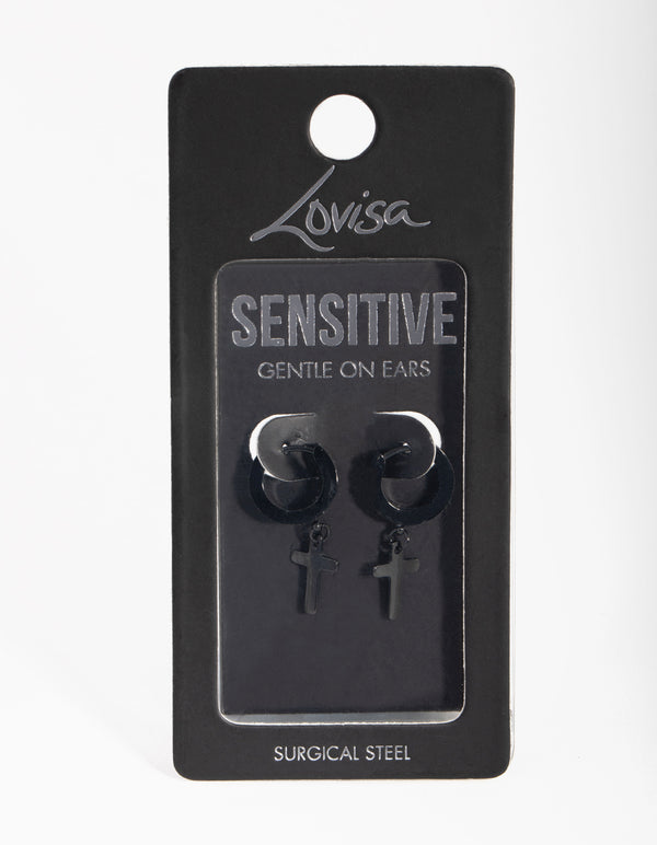 Matte Black Surgical Steel Cross Huggie Earrings