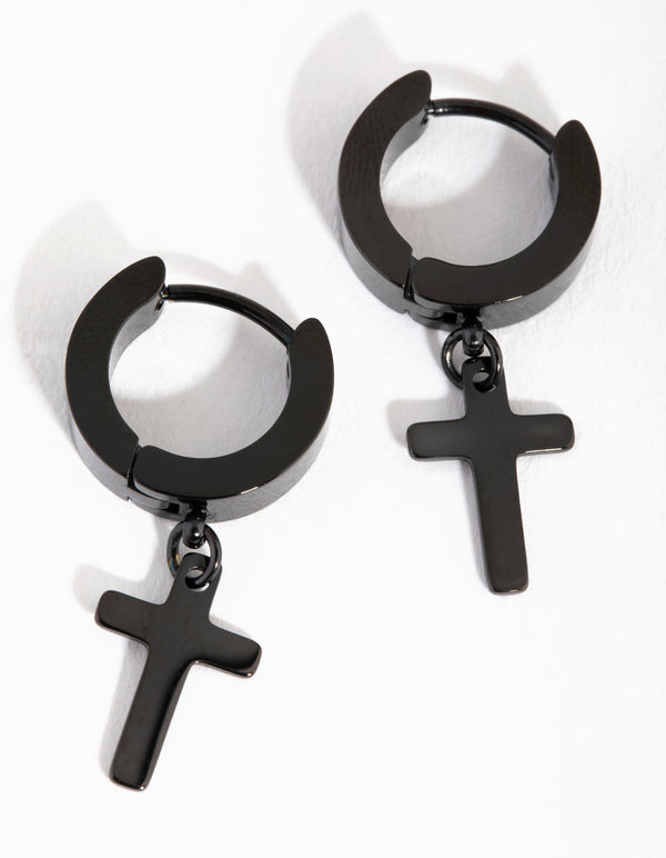 Matte Black Surgical Steel Cross Huggie Earrings