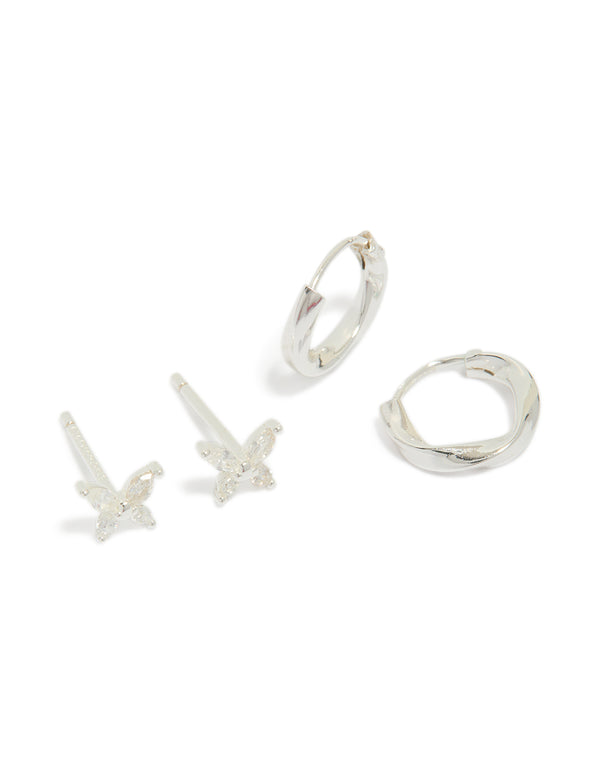 Sterling Silver Butterfly & Hoop Stud Earrings 2-Pack