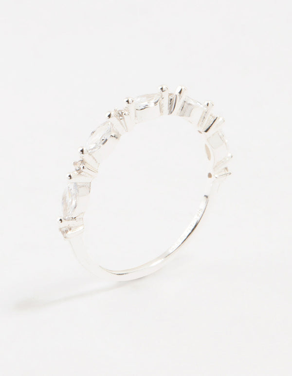 Sterling Silver Cubic Zirconia Alternating Marquise Round Ring