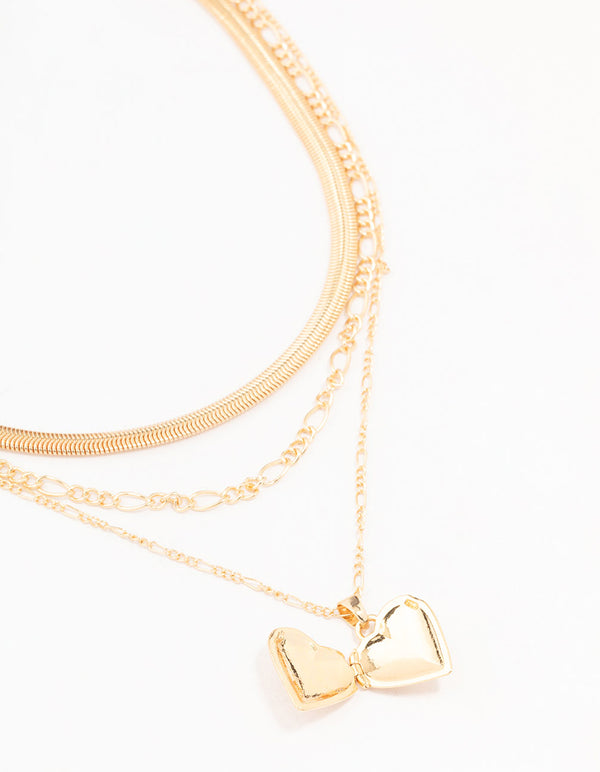Gold Figaro Heart Locket Necklace
