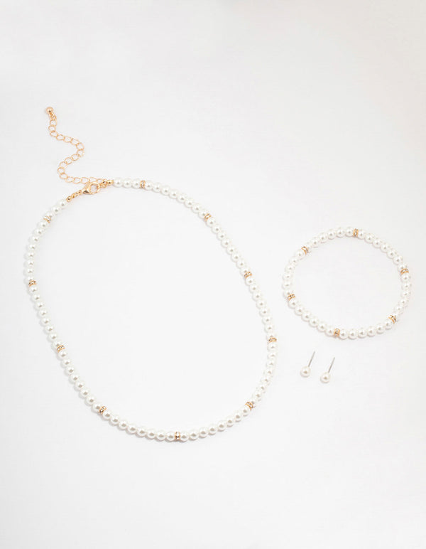 Gold Pearl Earrings, Bracelet & Necklace Multi Pack