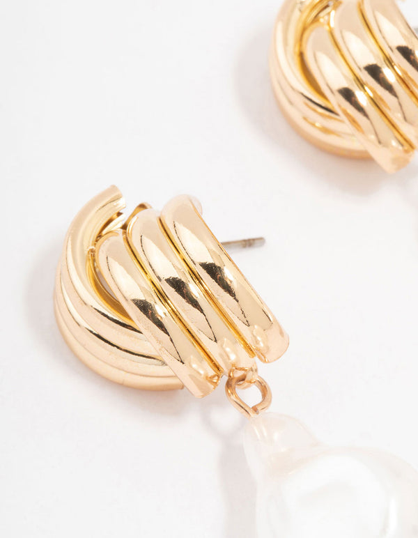 Gold Ribbed Cross Pearl Drop Earrings
