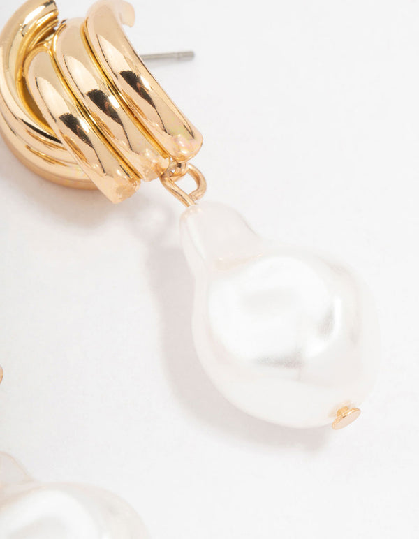 Gold Ribbed Cross Pearl Drop Earrings