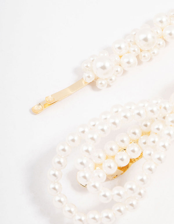 Gold Pearl Bow Hair Sliders 2-Pack