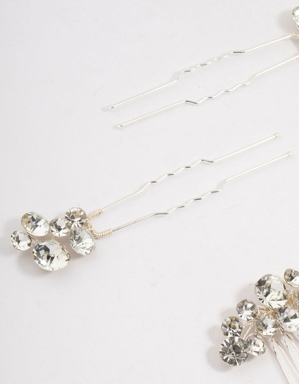 Silver Crystal Cluster Mixed Combs & Bridal Pins Pack