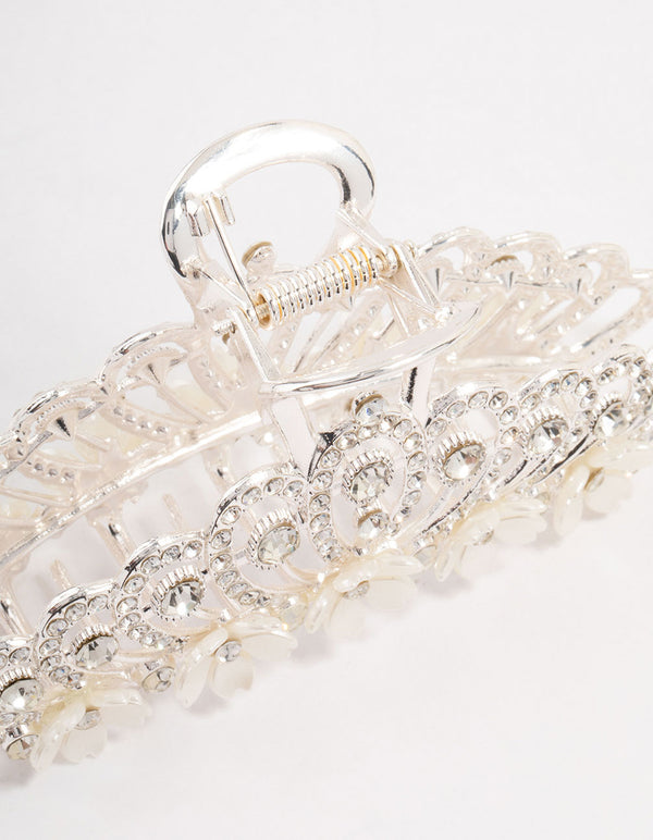 Ornate Silver Diamante & Flower Claw Clip