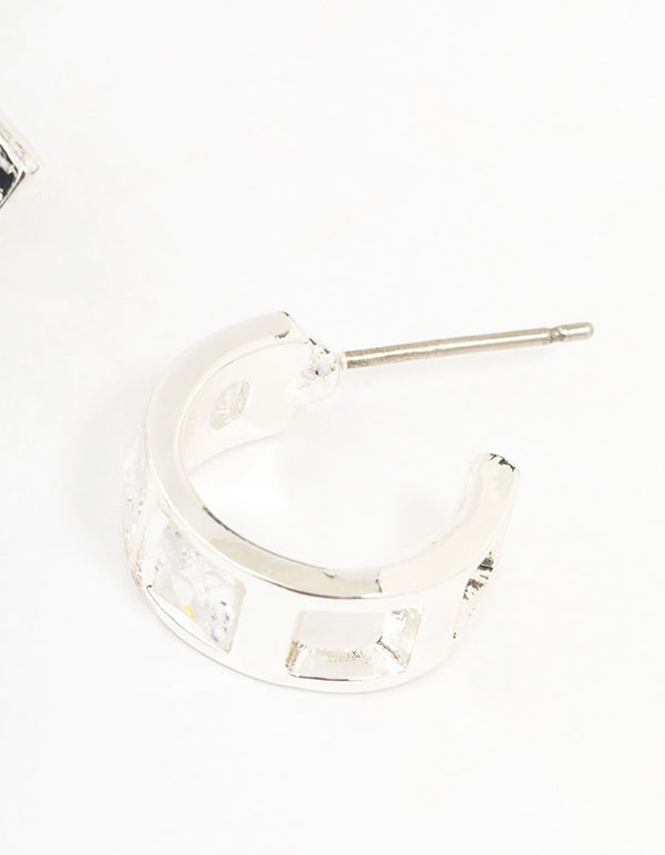 Silver Cubic Zirconia Square Chunky Hoop Earrings