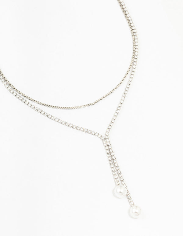 Silver Cubic Zirconia Double Row Pearl Pendant Necklace