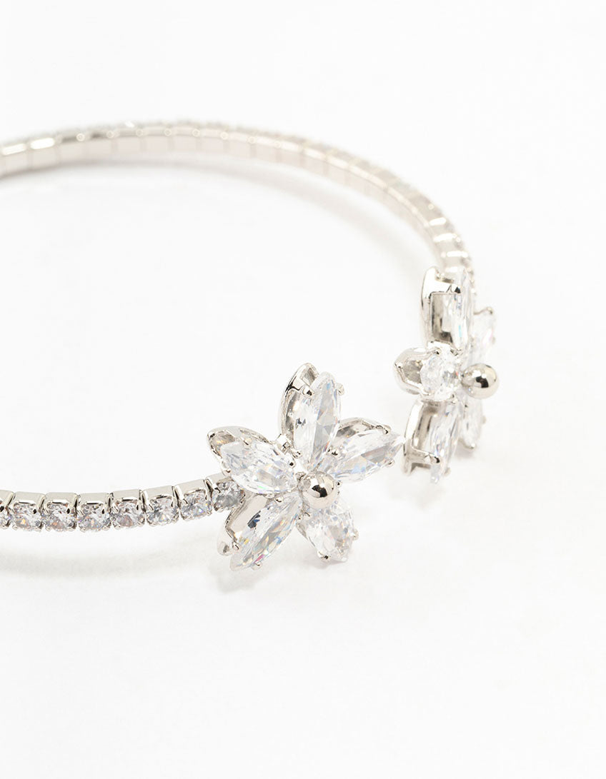 Silver Cubic Zirconia Flower Wrist Cuff