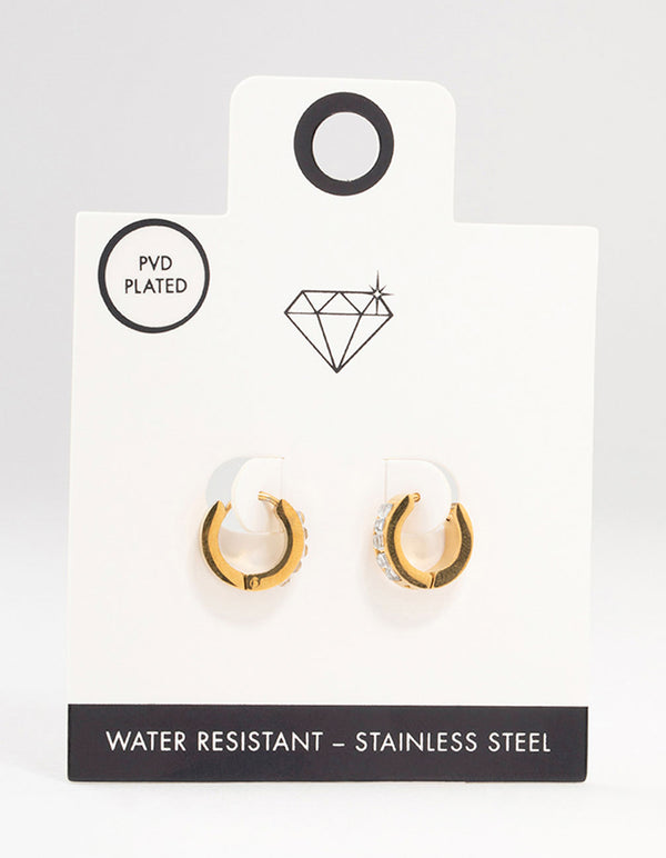 Waterproof Gold Plated Stainless Steel Square Cut Diamante Huggie Earrings