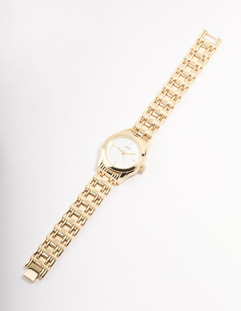 Beautifully crafted, this women's analog watch with white dial, round shape, formal occasion styling, link band strap in gold front view