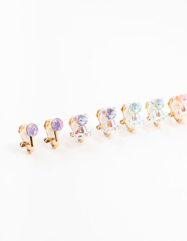 Kids Holographic Gummy Bear Clip On Gold Earrings 5-Pack