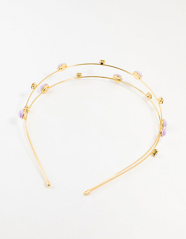 Kids Gold Diamante Velvet Flower 2 Row Headband