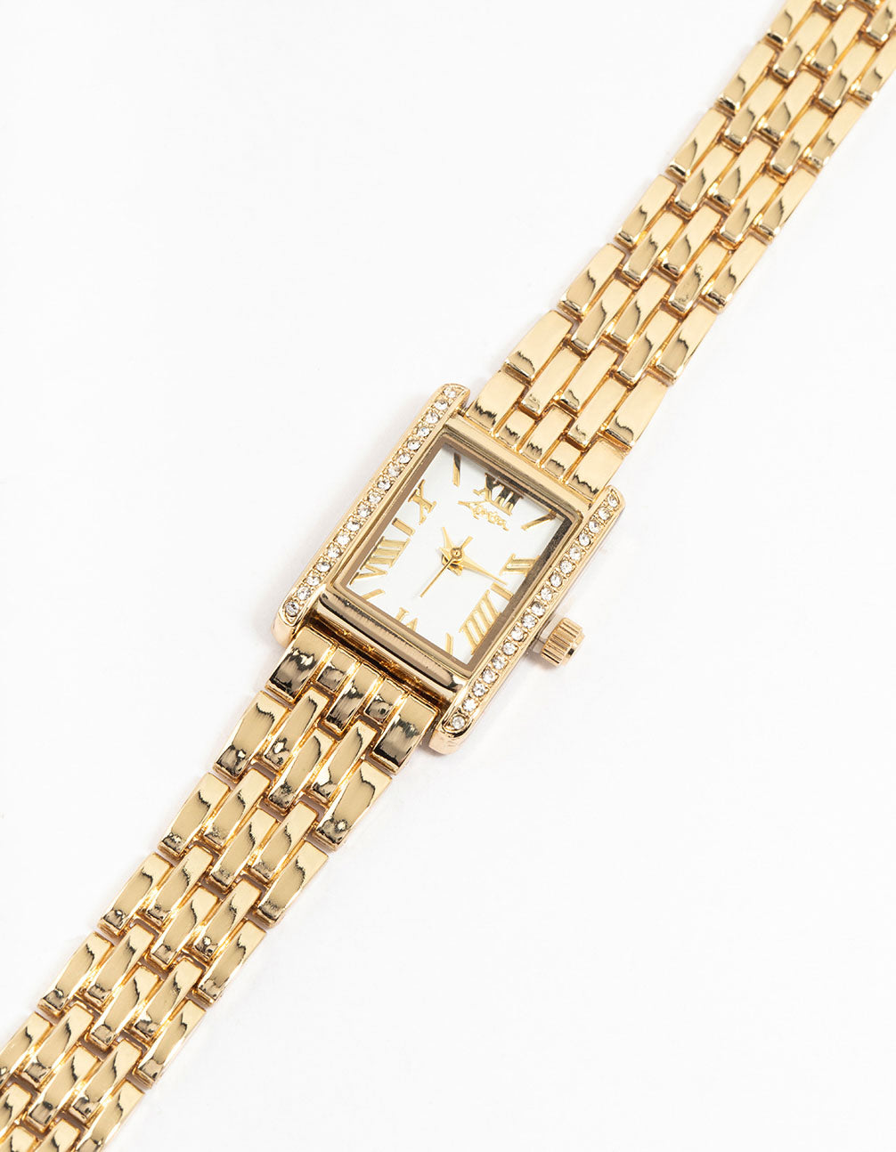 Showcasing a gold diamante rectangle watch, white dial, roman numerals, women's formal analog design featuring a link band in gold watch face detail view
