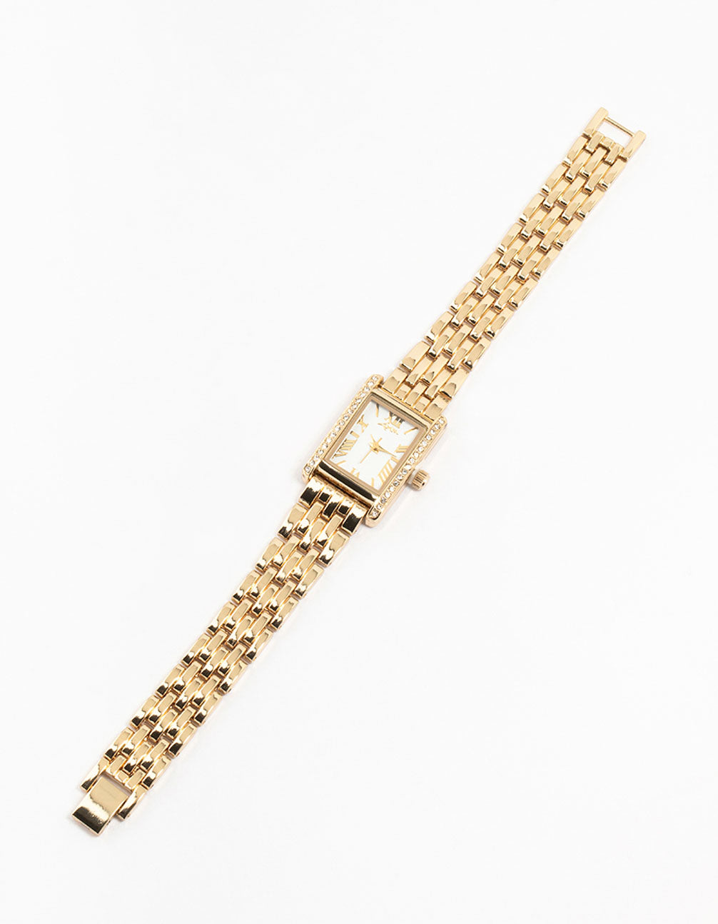 Elegant gold diamante rectangle watch, white dial, roman numerals, women's formal analog timepiece with link band front view