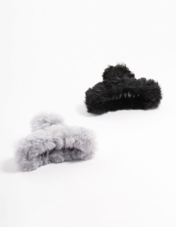 Small Black Faux Fur Fabric Claw Clips 2-Pack