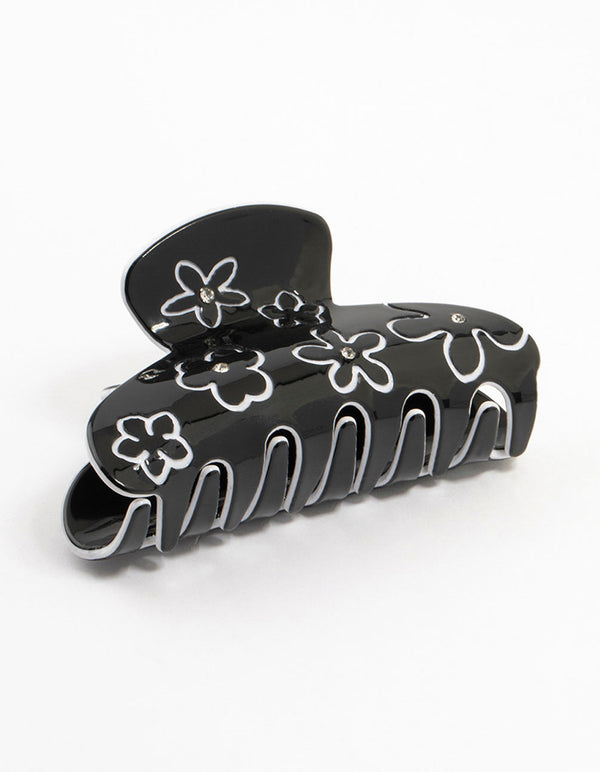 Black & White Flower Outline Claw Clip