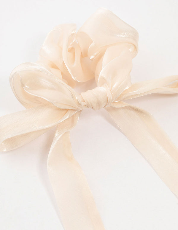 Peachy Pink Chiffon Fabric Long Bow Scrunchie