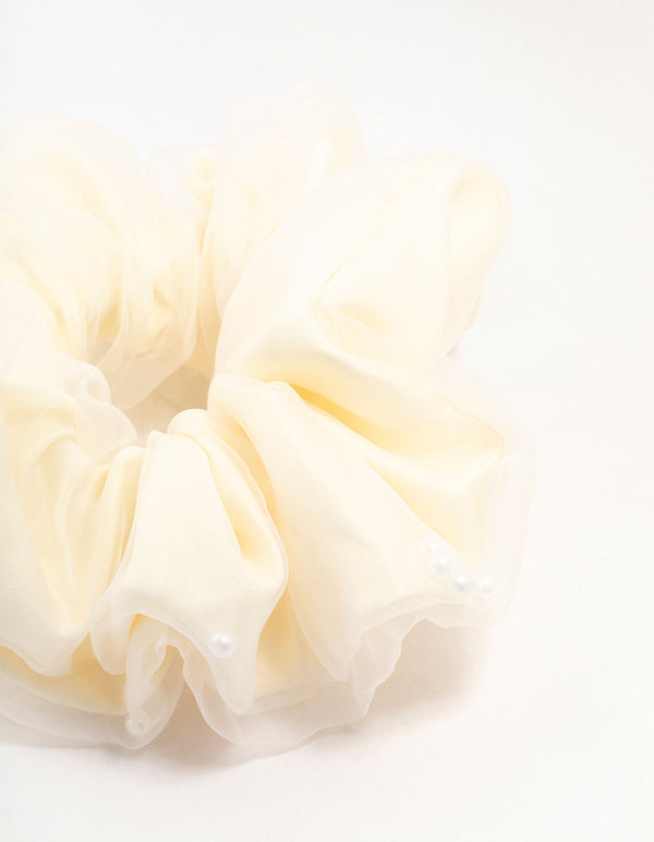 Large White Fabric Pearl Detail Scrunchie