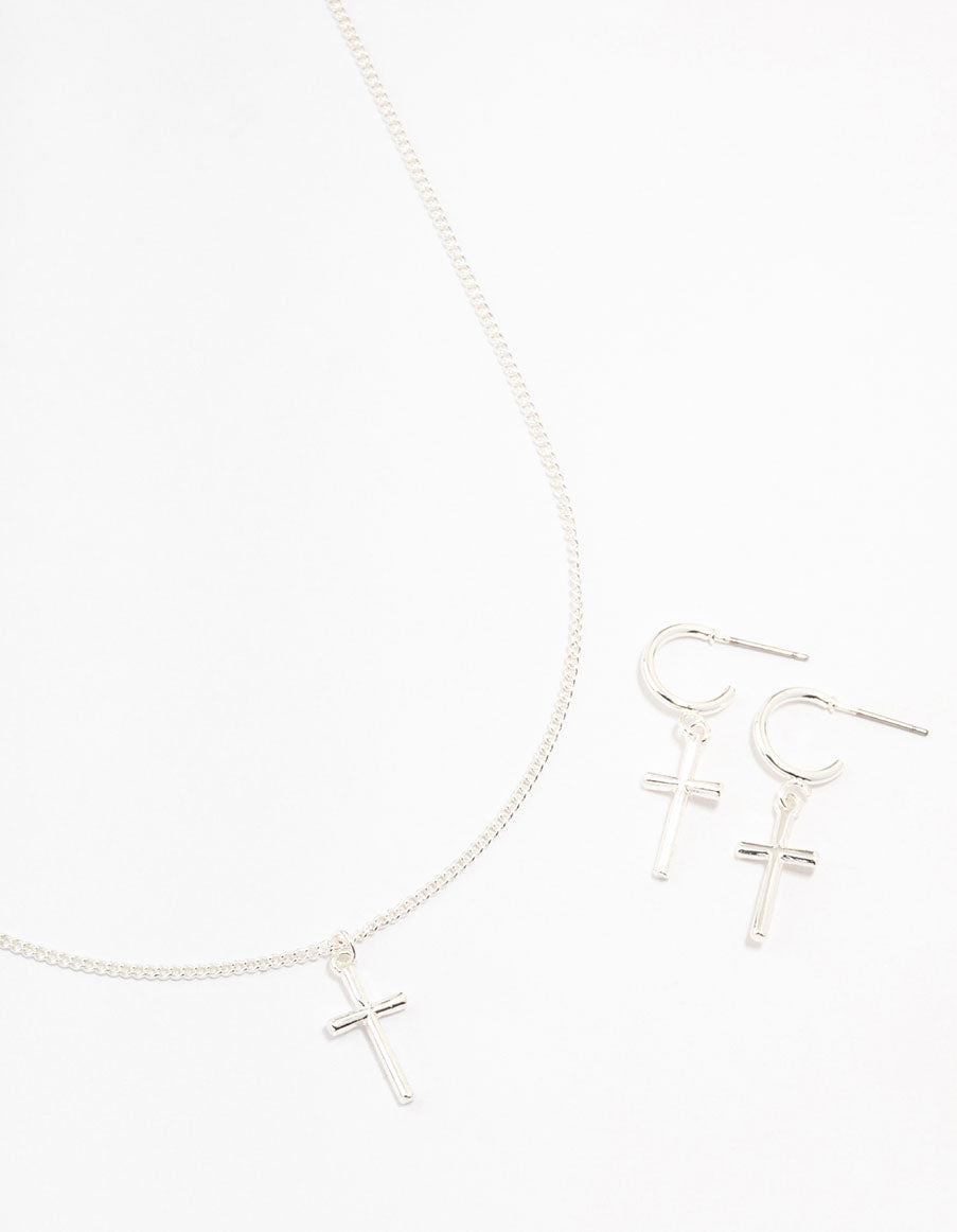 Sleek Silver Cross Necklace & Earring Set