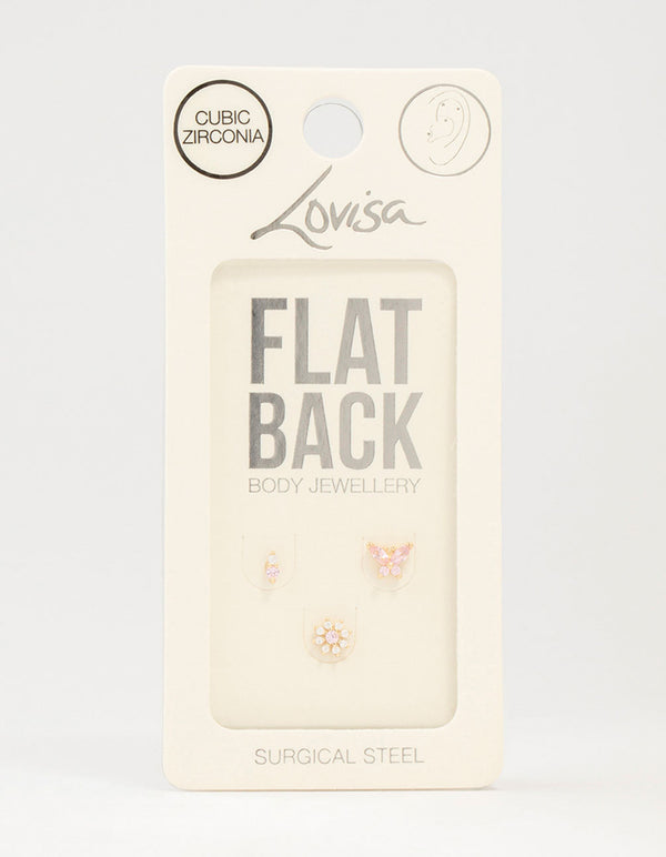 Gold Plated Surgical Steel Butterfly & Flower Flat Backs 3-Pack