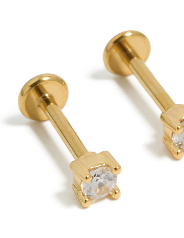 Gold Plated Titanium Cubic Zirconia Stud Flat Backs 2-Pack