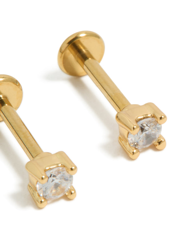 Gold Plated Titanium Cubic Zirconia Stud Flat Backs 2-Pack