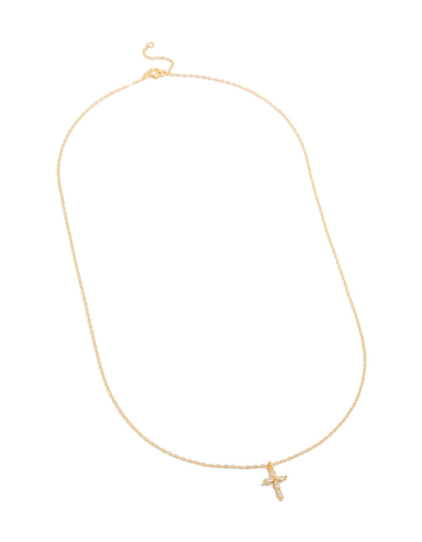 Gold Plated Sterling Silver Cubic Zirconia Cross Necklace