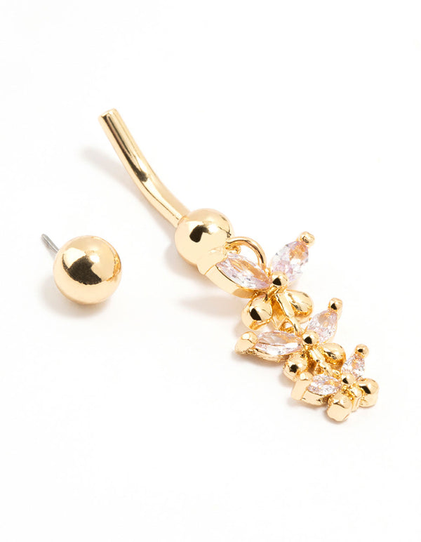 Gold Plated Surgical Steel Cubic Zirconia Trio Butterfly Drop Threadless Belly Bar